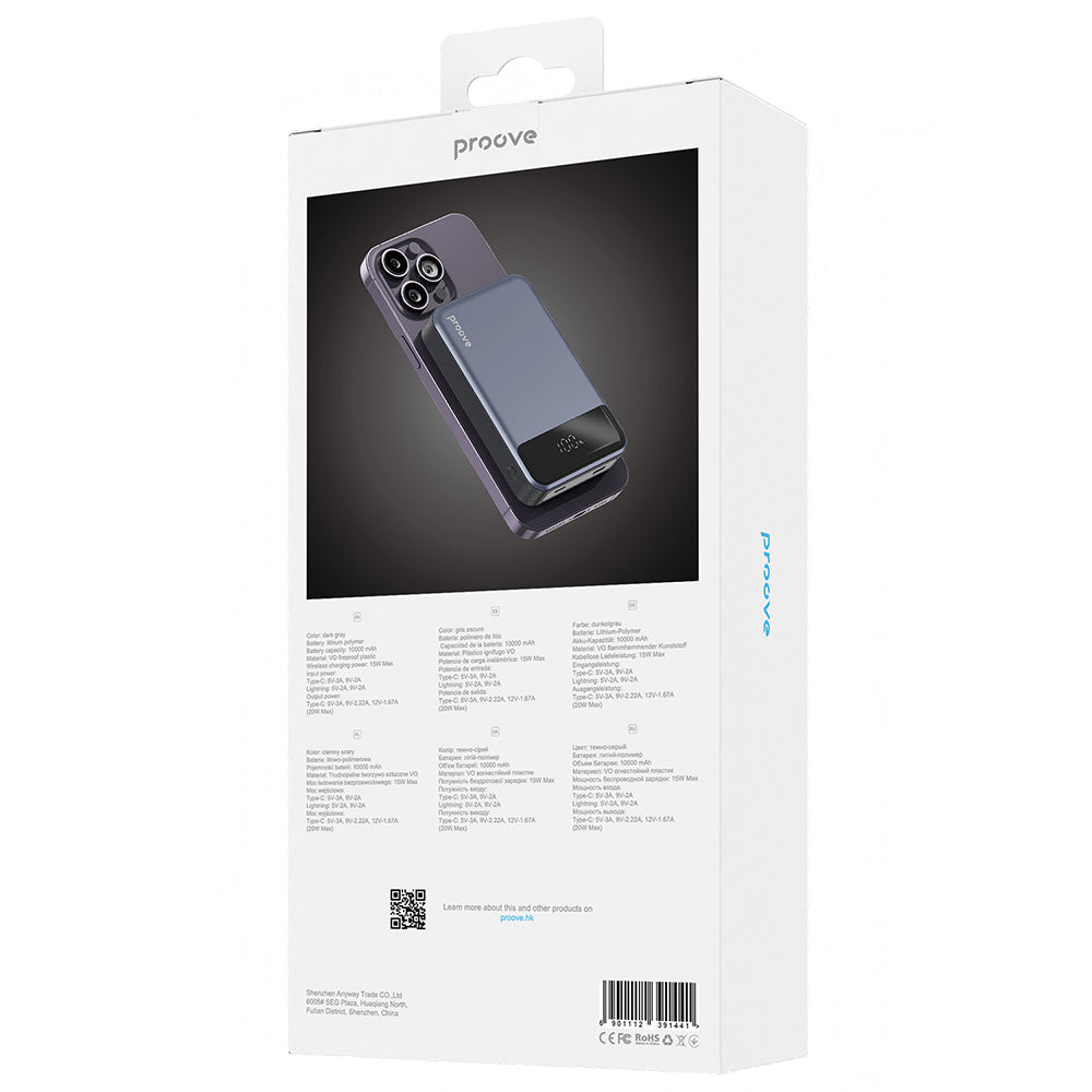 Trådlös Extern Batteri Proove Hoodman, 10000mAh, 20W, PD + FQI, 1 x QI - 1 x USB-C, Grå PBH120010003