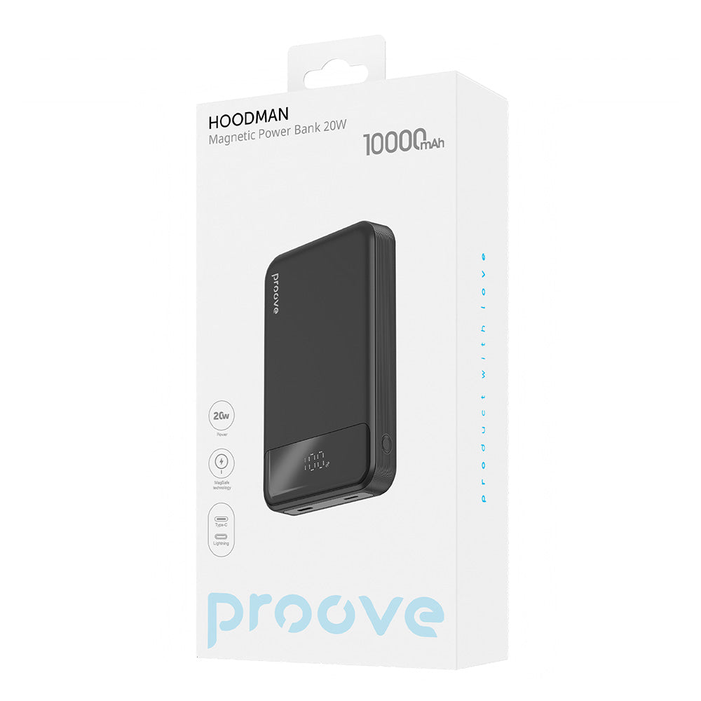 Extern batteri Wireless Proove Hoodman, 10000mAh, 20W, PD + FQI, 1 x QI - 1 x USB-C, Svart PBH120010001
