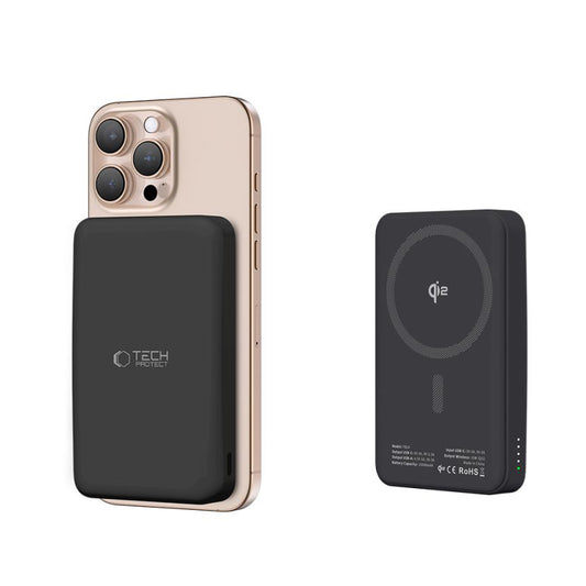 Externt trådlöst batteri Tech-Protect PB24 LifeMag, 10000mAh, 15W, PD + FQI, 1 x QI - 1 x USB-A - 1 x USB-C, Svart