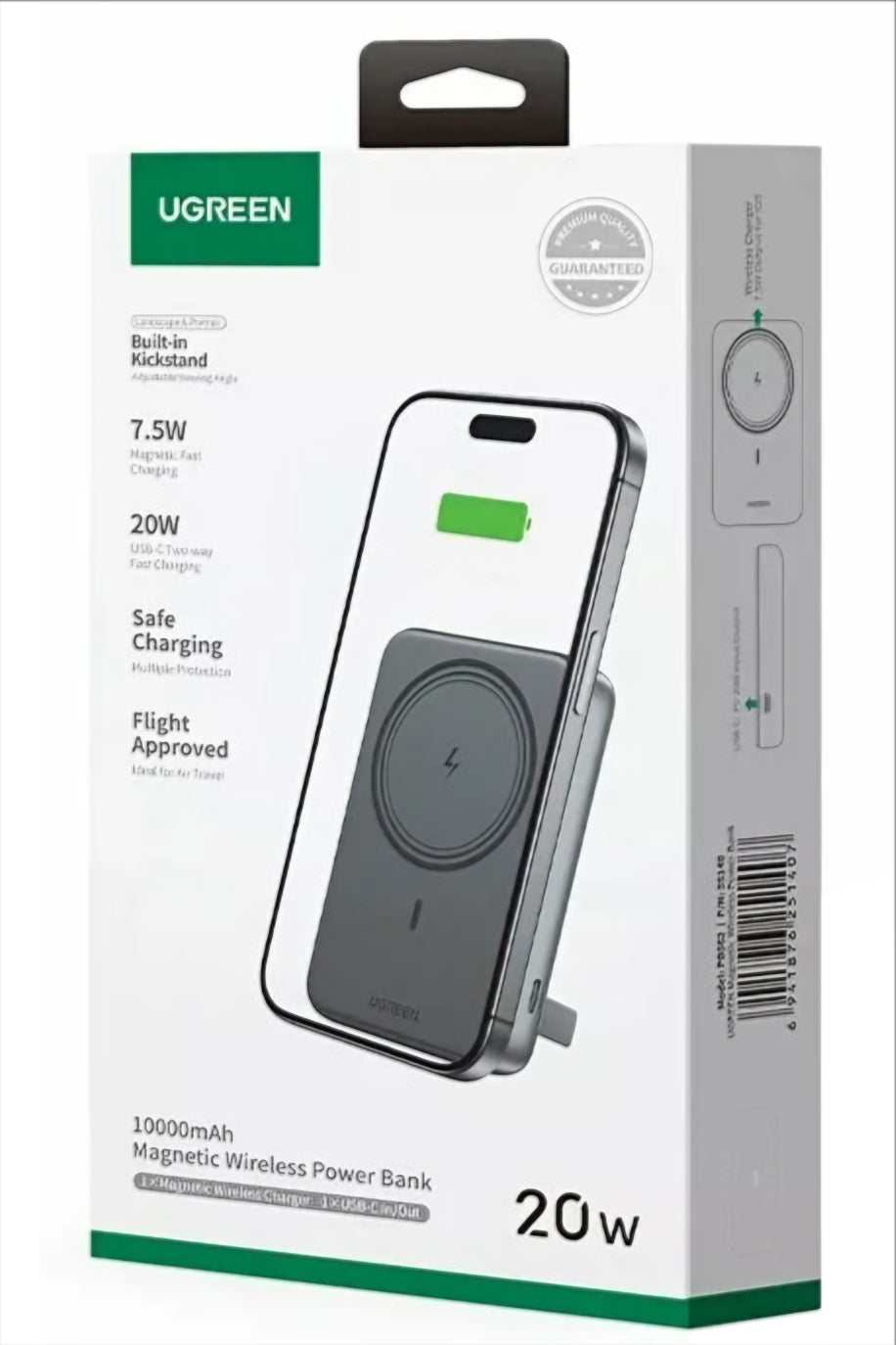 Trådlös Extern Batteri UGREEN PB561, 10000mAh, 20W, PD + FQI, 1 x QI - 1 x USB-C, Svart