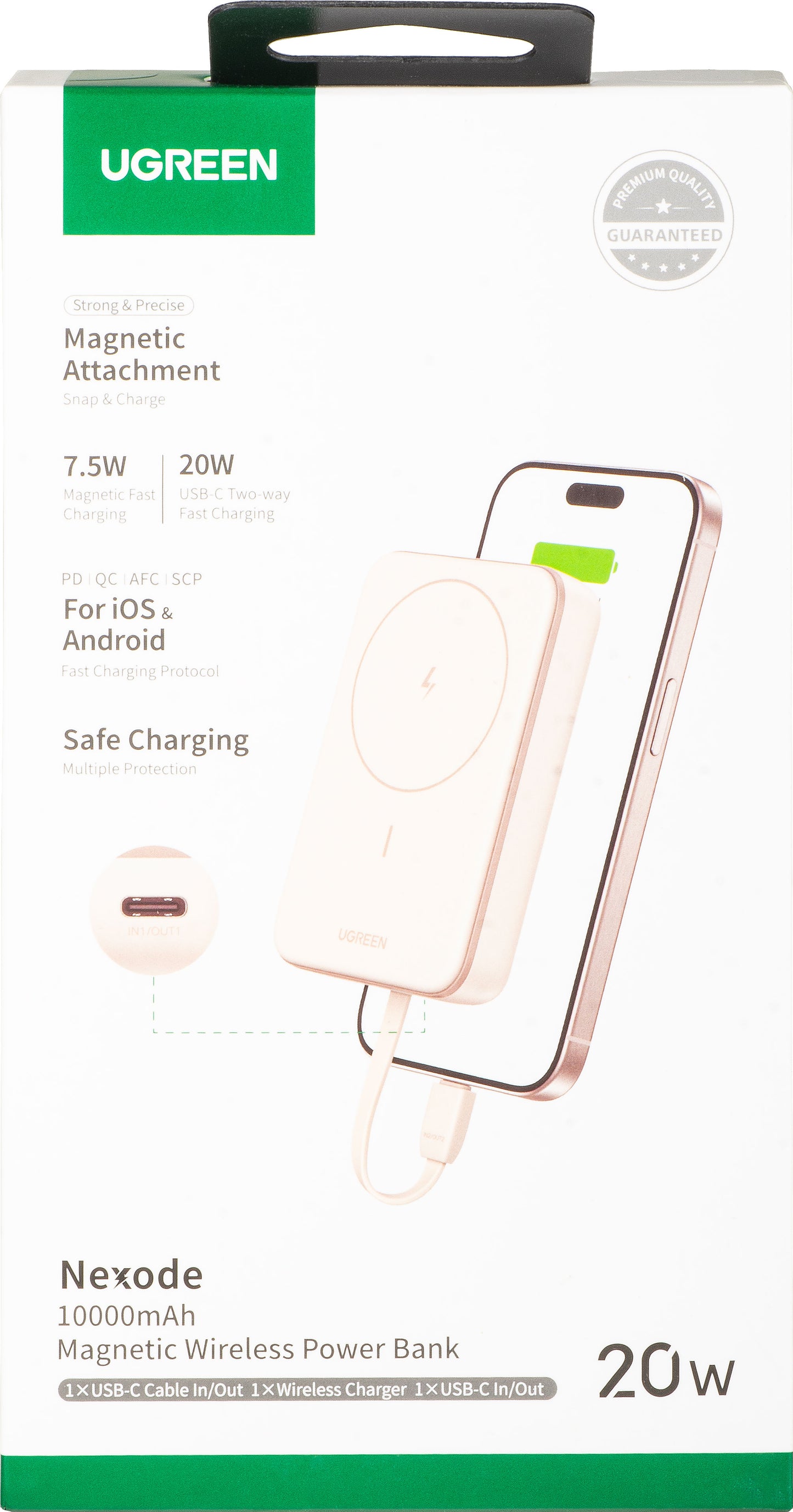 Extern Trådlös Batteri UGREEN PB760, 10000mAh, 20W, PD + FQI, 1 x QI - 1 x USB-C, Beige