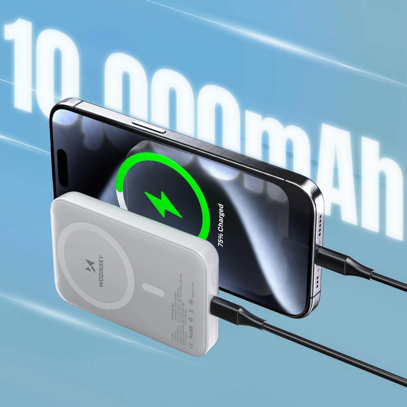 Trådlös Extern Batteri WZK WRW349YWS, 10000mAh, 20W, PD + FQI, 1 x QI - 1 x USB-C, Vit