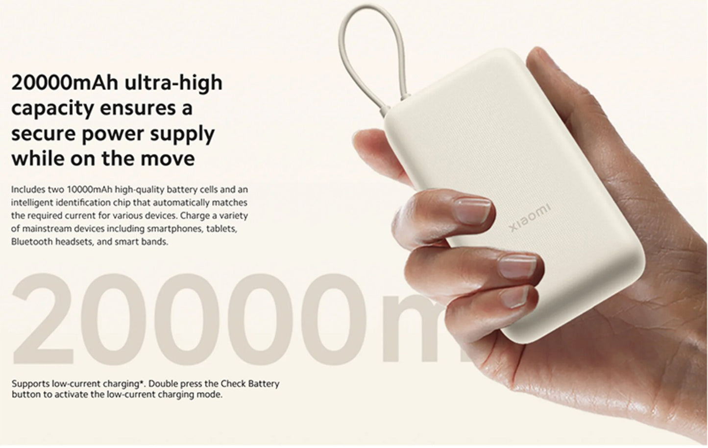 Extern batteri Xiaomi, 20000mAh, 33W, QC + PD, 1 x USB-A - 2 x USB-C, Beige BHR8851GL