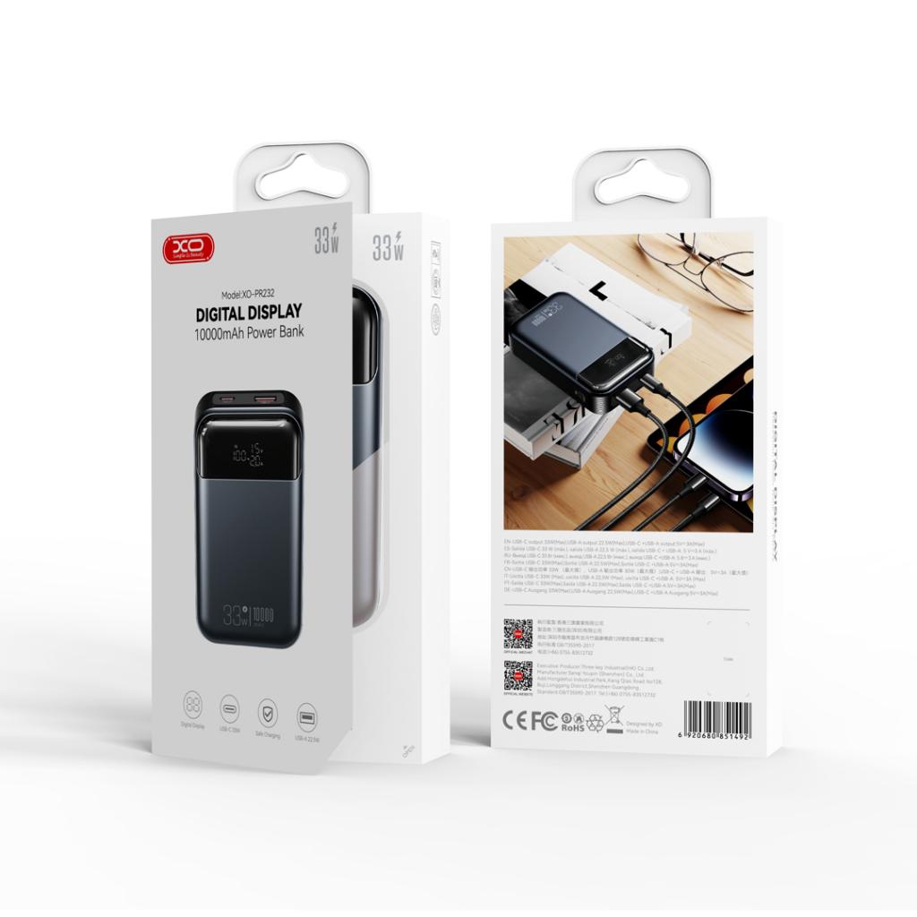 Extern batteri XO Design PR232, 10000mAh, 33W, QC + PD, 1 x USB-A - 1 x USB-C, Svart