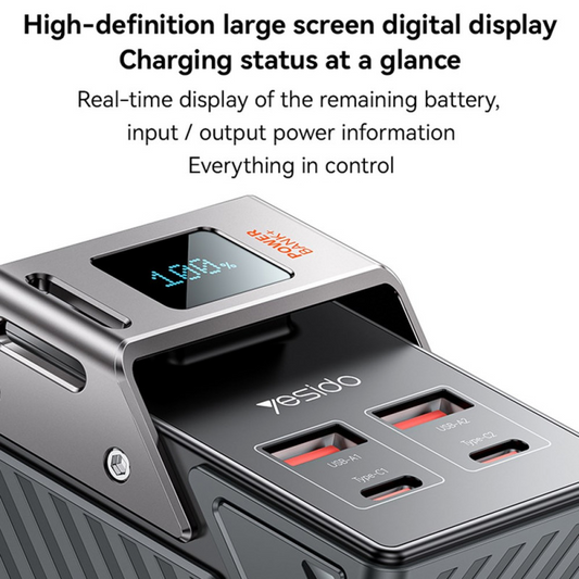 Yesido YP62 Extern Batteri, 30000mAh, 22.5W, QC + PD, 2 x USB-A - 2 x USB-C, Svart