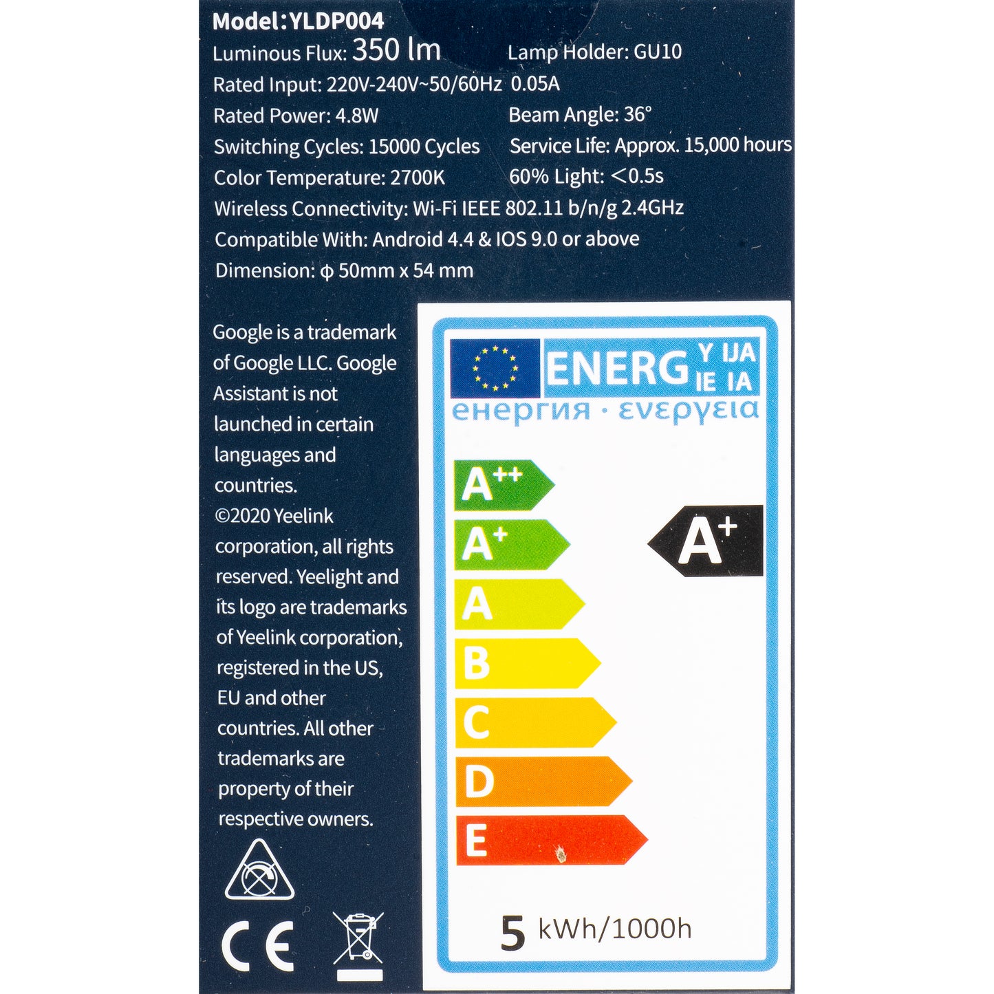 LED-lampa Yeelight W1, Wi-Fi, GU10, 4.8W, 2700K, 350lm YLDP004