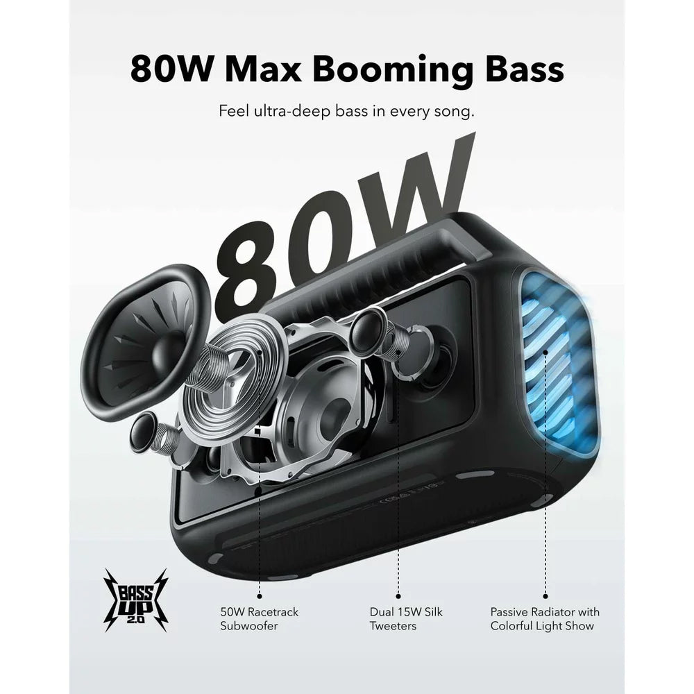 Bärbar Bluetooth-högtalare Anker SoundCore Boom 2, 80W, TWS, RGB, Vattentät, Svart A3138011
