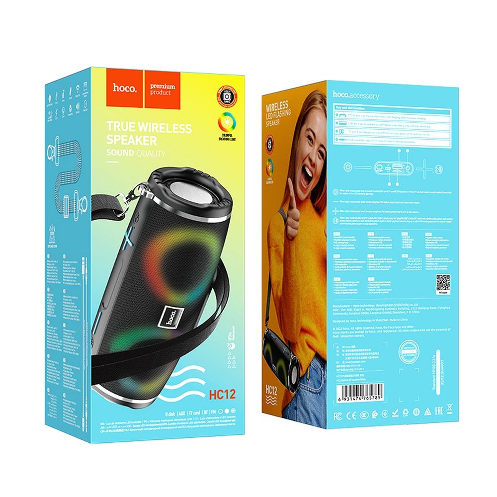 Bärbar Bluetooth-högtalare HOCO HC12, 10W, RGB, Vattentät, Svart