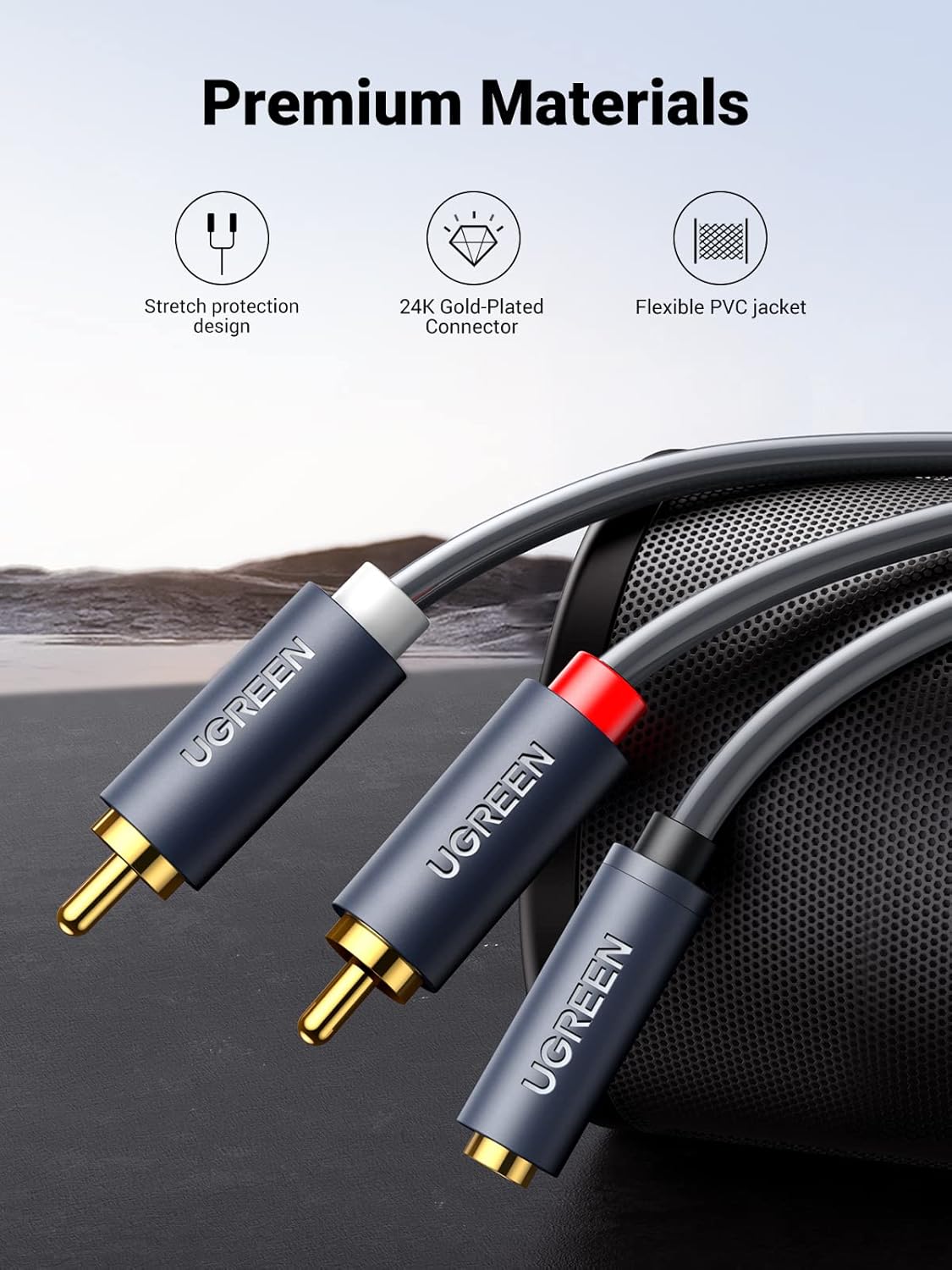 Audio Kabel 3.5mm - 2 x RCA UGREEN AV102, 1m, Grå