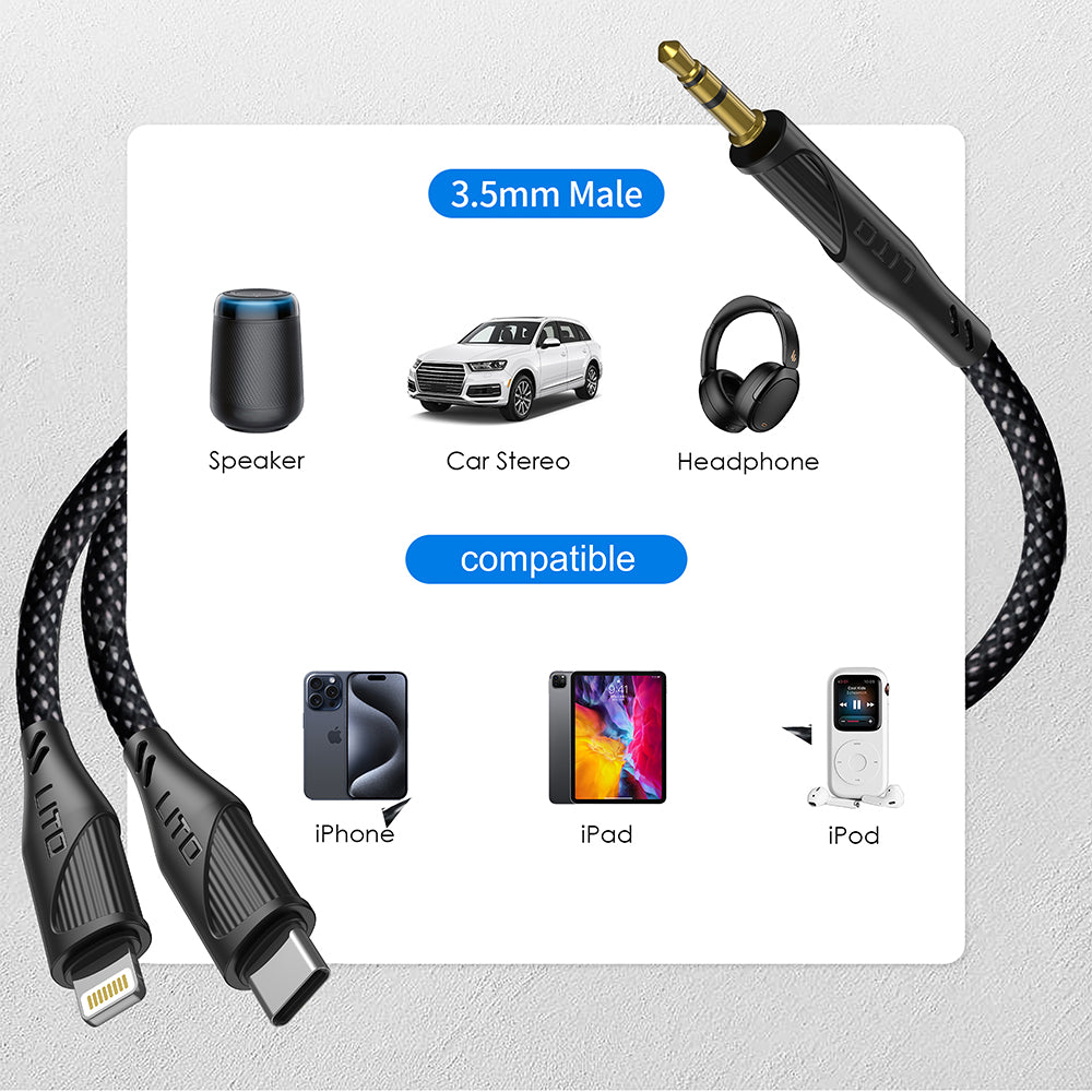 Audio Lightning-kabel - 3,5 mm Lito LA02, 1 m, Svart