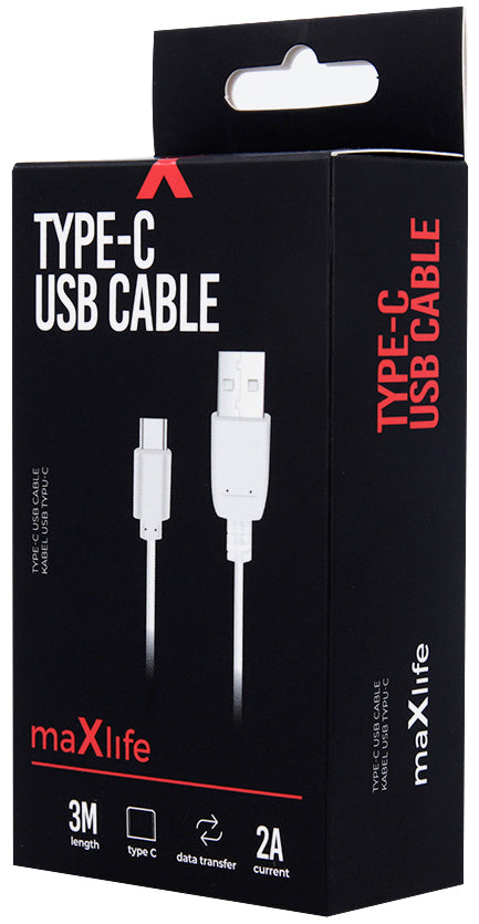 USB-A till USB-C data- och laddningskabel MaXlife, 20W, 3m, vit