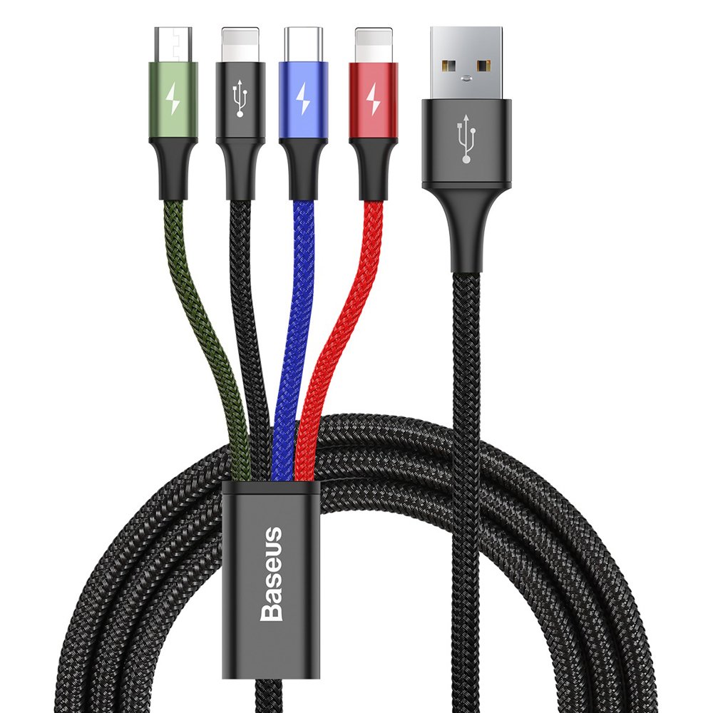 USB-A Laddningskabel - 2 x Lightning / microUSB / USB-C Baseus Rapid 4in1, 20W, 1.2m, Svart CA1T4-A01