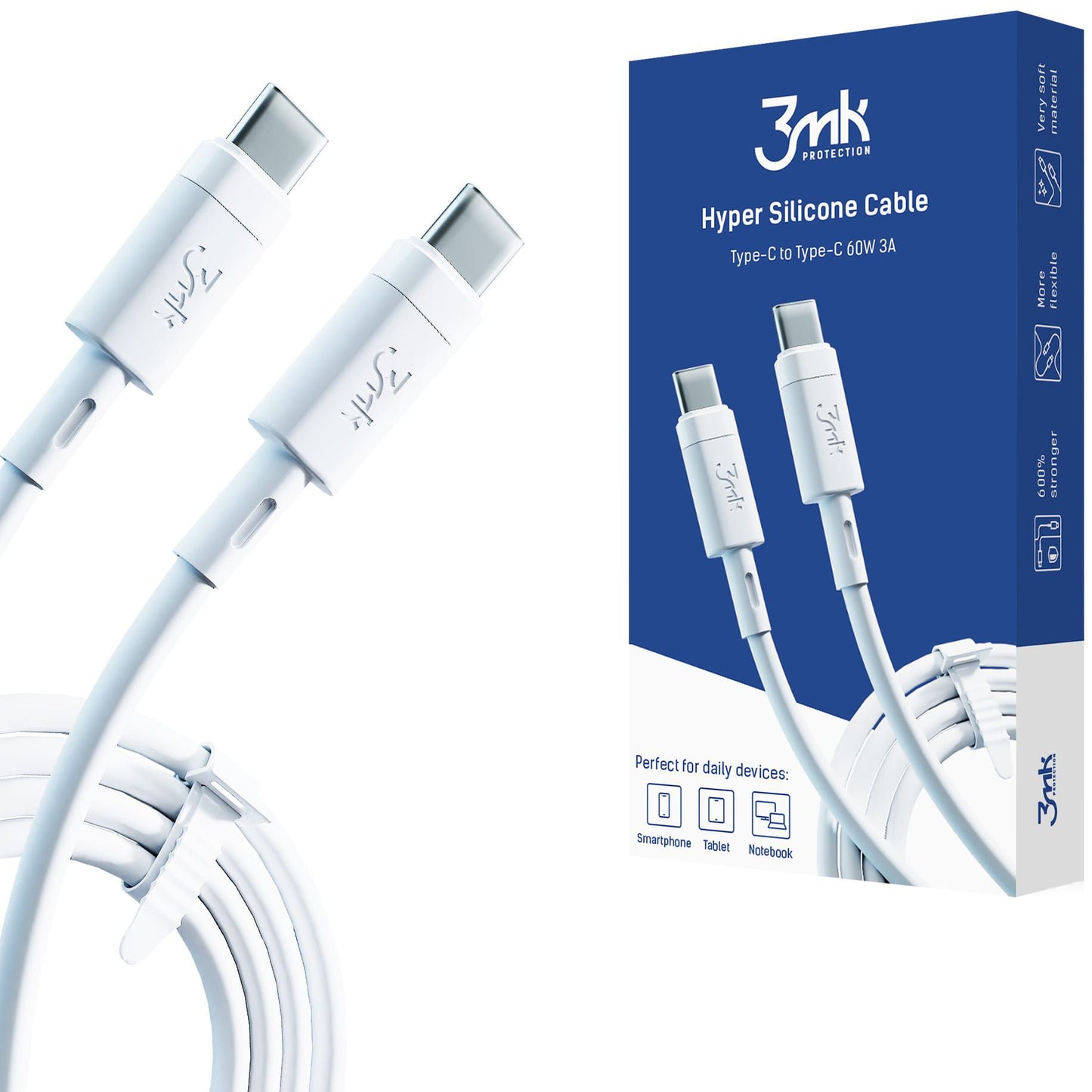 USB-C Data- och laddningskabel - USB-C 3MK Hyper Silicone, 60W, 1m, Vit