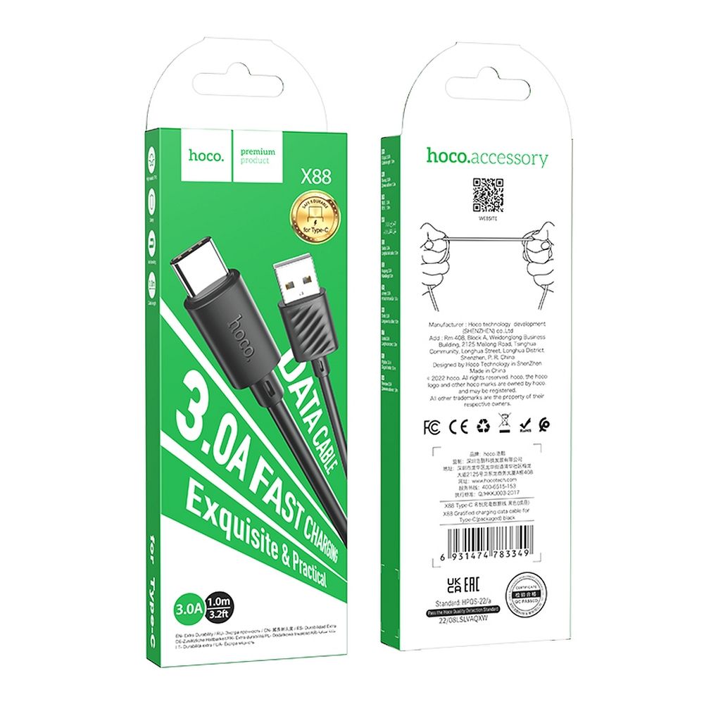 Data- och laddningskabel USB-A - USB-C HOCO X88, 18W, 1m, svart