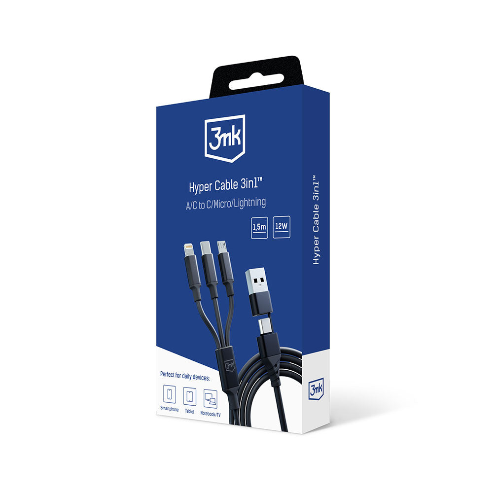 USB-A / USB-C - Lightning / microUSB / USB-C 3MK Hyper 3in1 laddningskabel, 12W, 1.5m, Svart