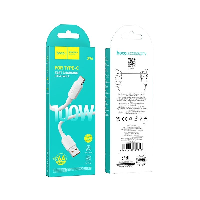 USB-A till USB-C data- och laddningskabel HOCO X96, 100W, 1m, Vit