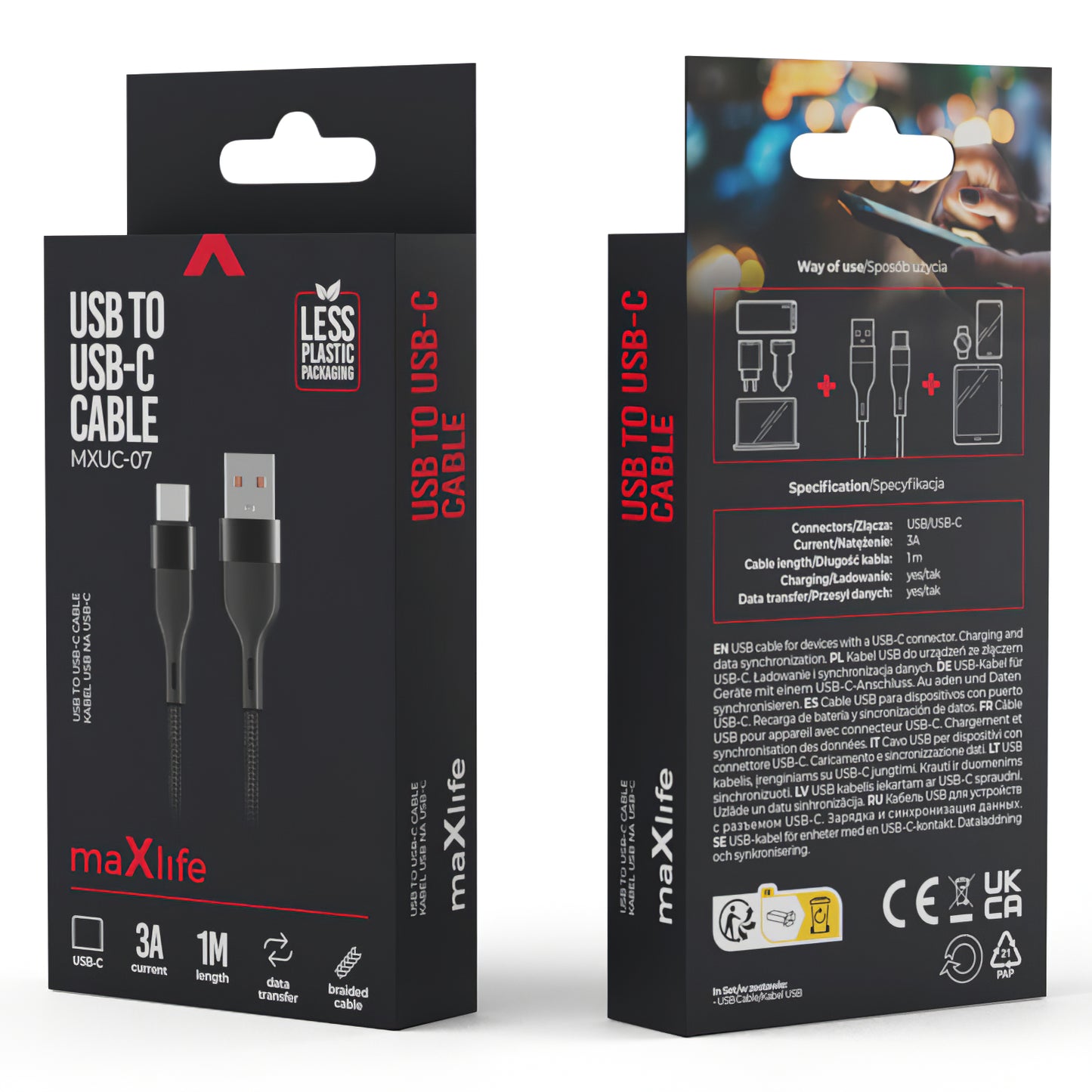 USB-A till USB-C MaXlife MXUC-07, 20 W, 1 m, svart