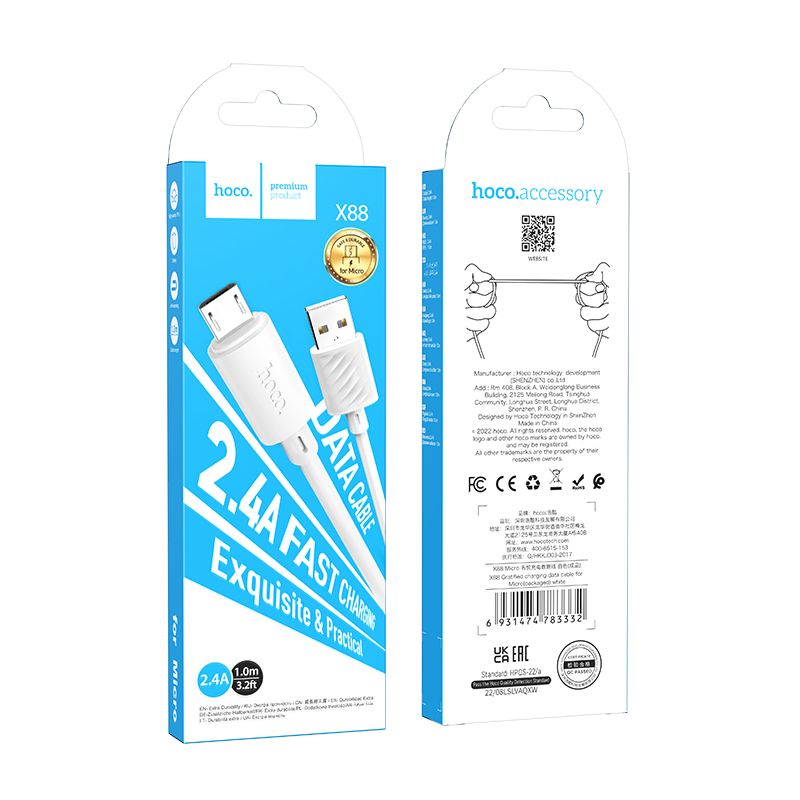 HOCO X88 USB-A - microUSB data- och laddningskabel, 18W, 1m, vit