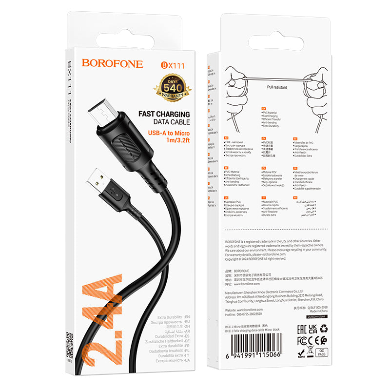 USB-A - microUSB laddnings- och datakabel Borofone BX111 Feliz, 18W, 1m, Svart