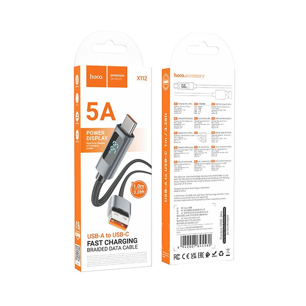 USB-A till USB-C data- och laddningskabel HOCO Display X112, 100W, 1m, Svart