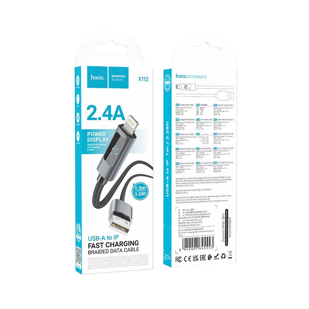 Data- och laddningskabel USB-A - Lightning HOCO Display X112, 18W, 1m, Svart