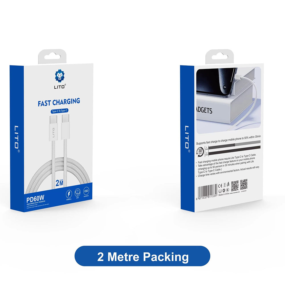 USB-C till USB-C data- och laddningskabel Lito LD04CC, 60W, 2m, Vit