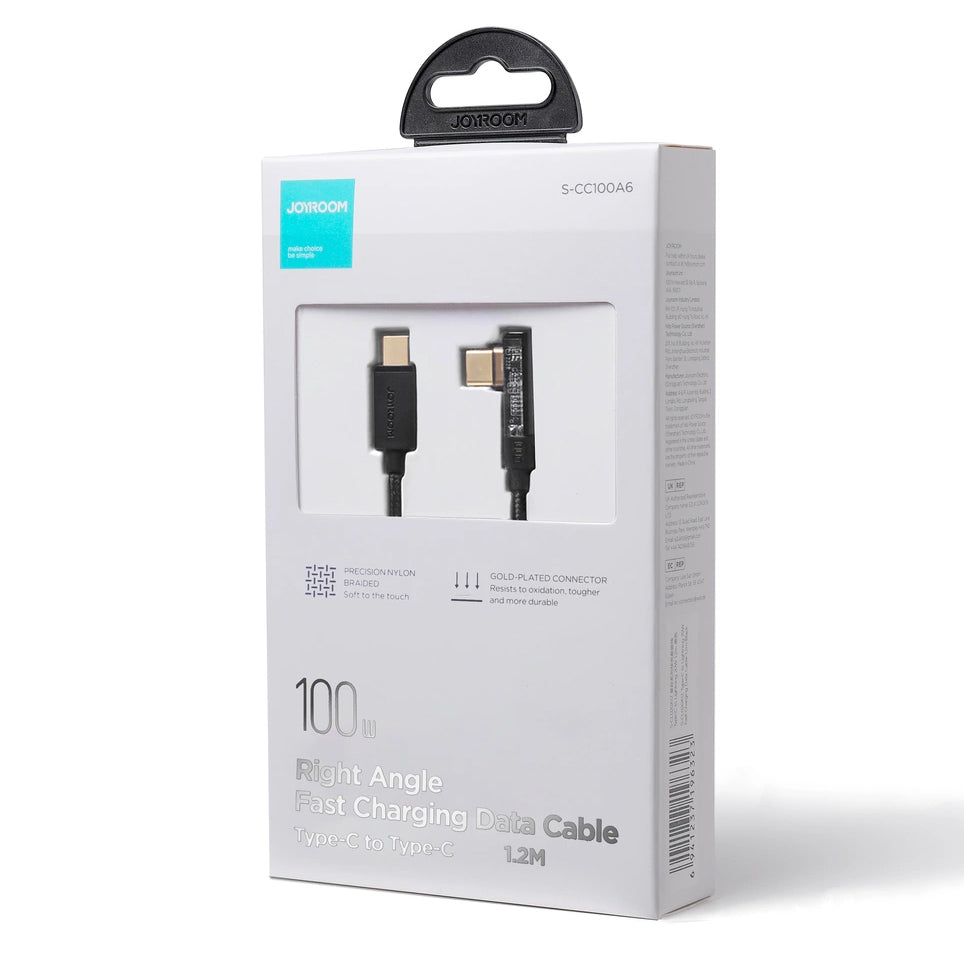 USB-C till USB-C data- och laddningskabel Joyroom S-A6 Angled, 100W, 1.2m, Svart