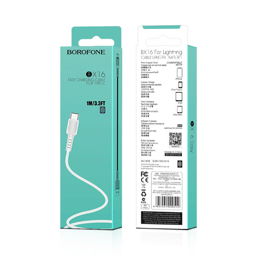 Data- och laddningskabel USB-A - USB-C Borofone BX16, 18W, 1m, vit