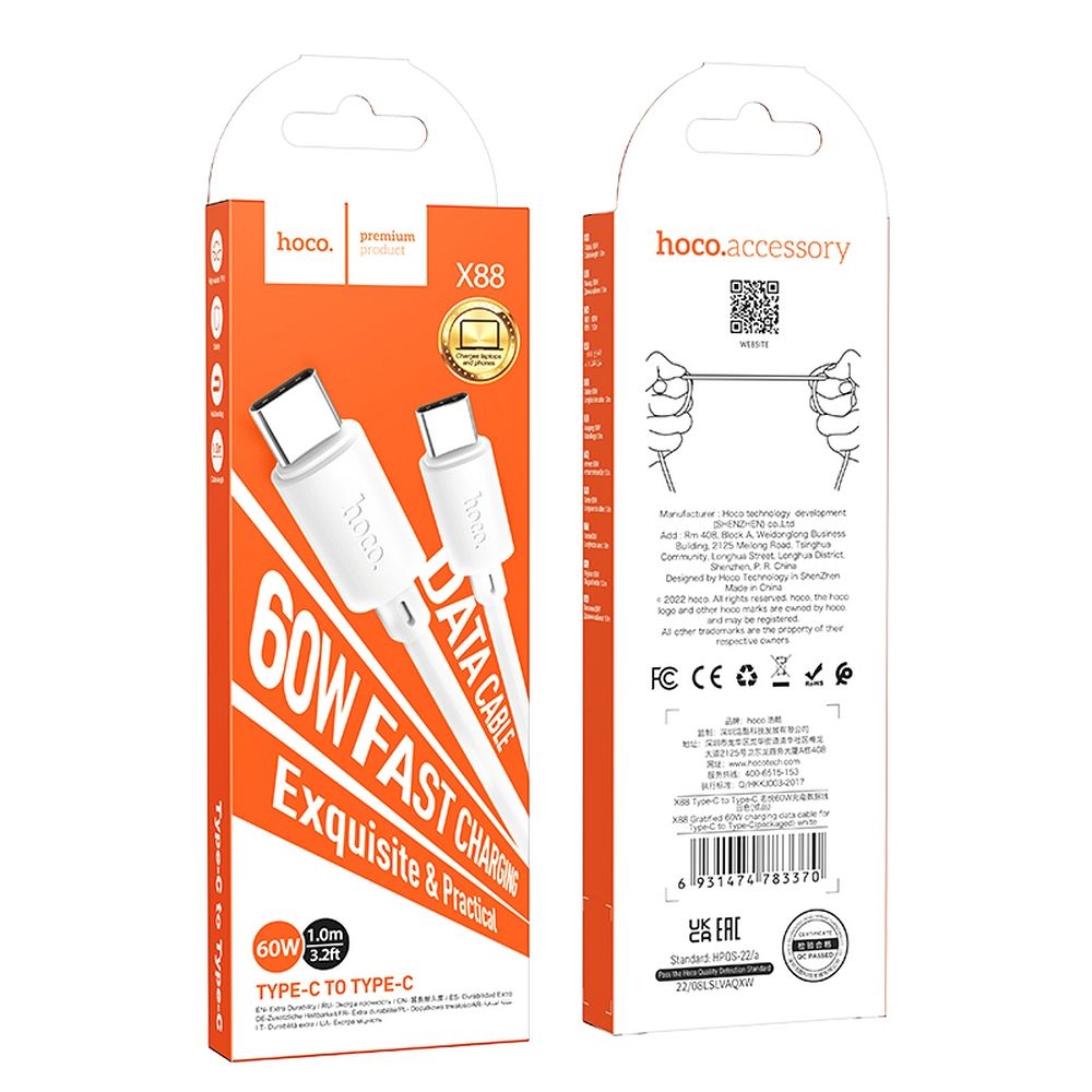 USB-C data- och laddningskabel - USB-C HOCO X88, 60W, 1m, vit