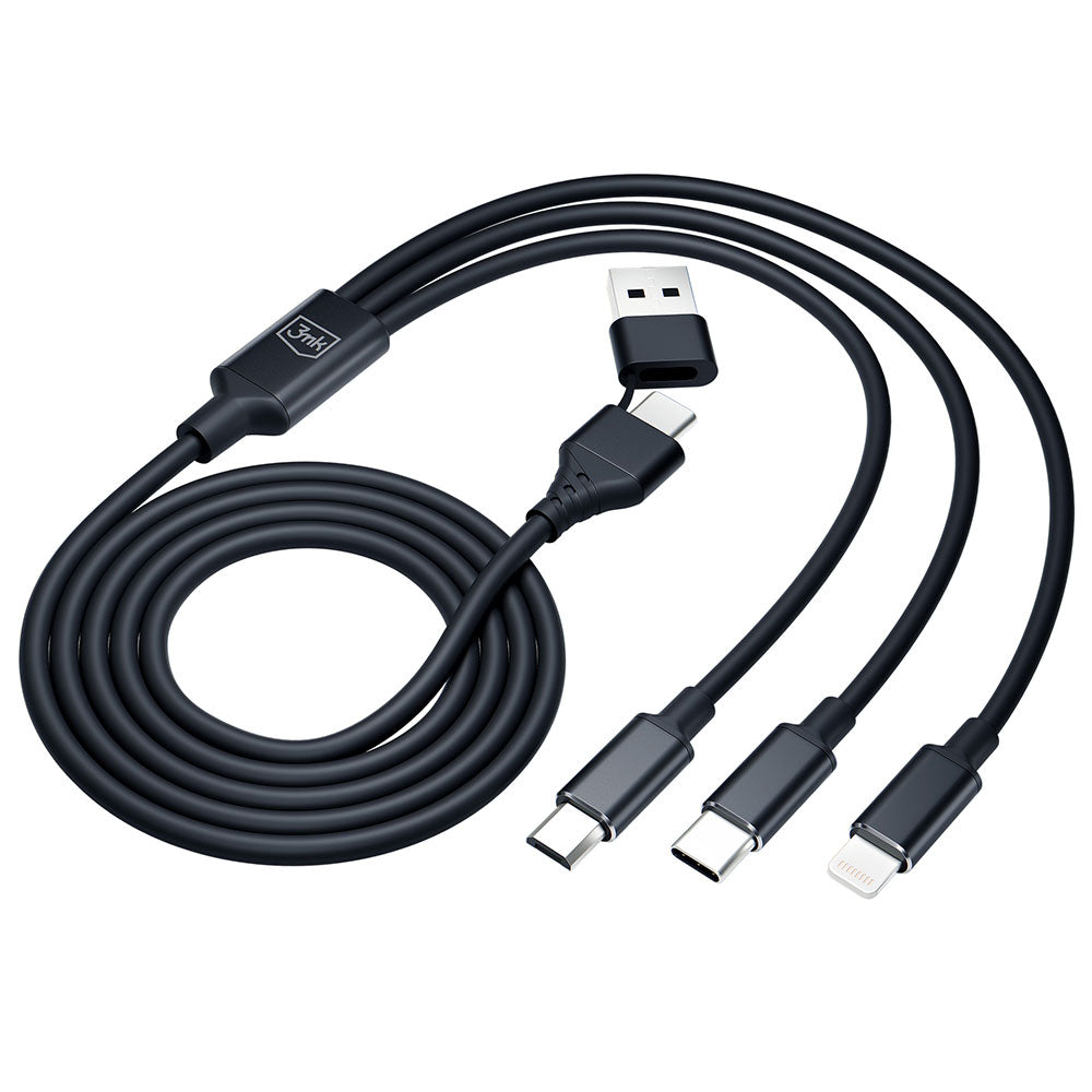 USB-A / USB-C - Lightning / microUSB / USB-C 3MK Hyper 3in1 laddningskabel, 12W, 1.5m, Svart