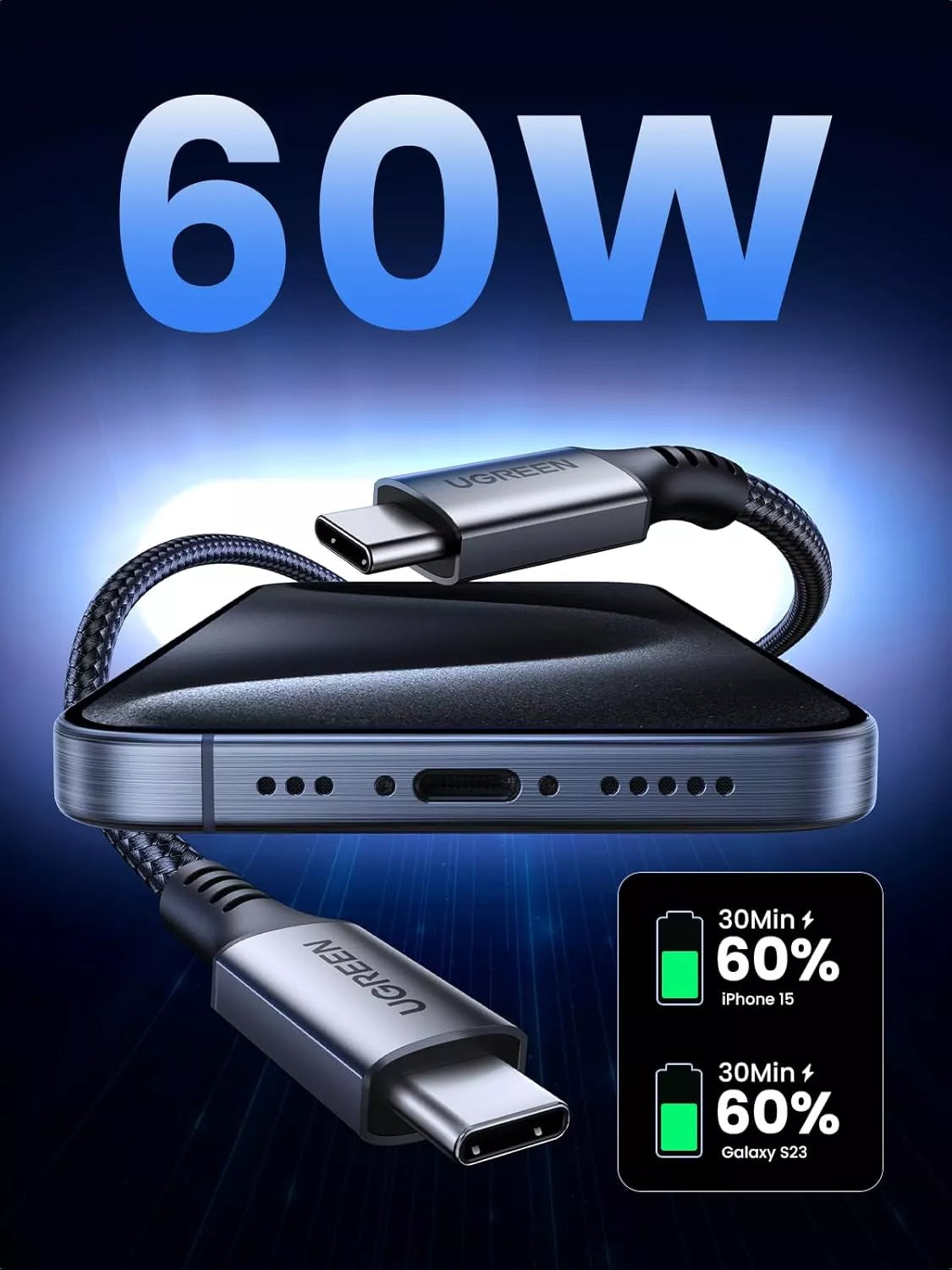 USB-C data- och laddningskabel - USB-C UGREEN US567, 60W, 2m, Grå