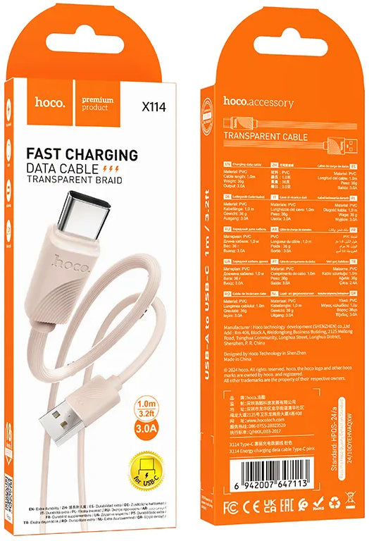 USB-A till USB-C data- och laddningskabel HOCO X114, 18W, 1m, Rosa