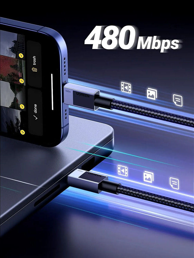 USB-C - USB-C Data- och Laddningskabel UGREEN L512, 100W, 0.5m, Grå