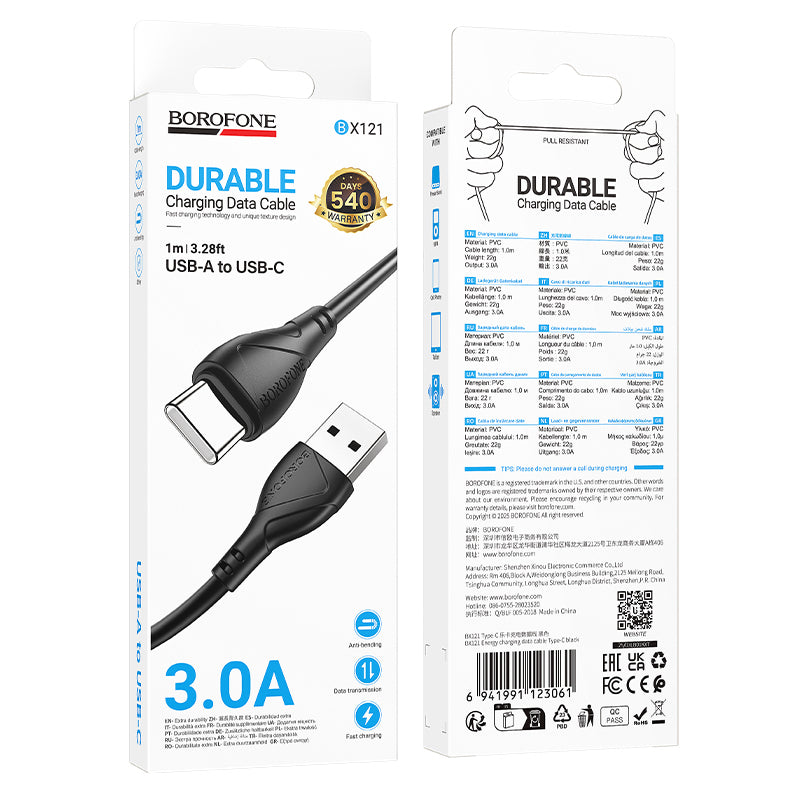 USB-A till USB-C data- och laddningskabel Borofone BX121 Energy, 18W, 1m, Svart