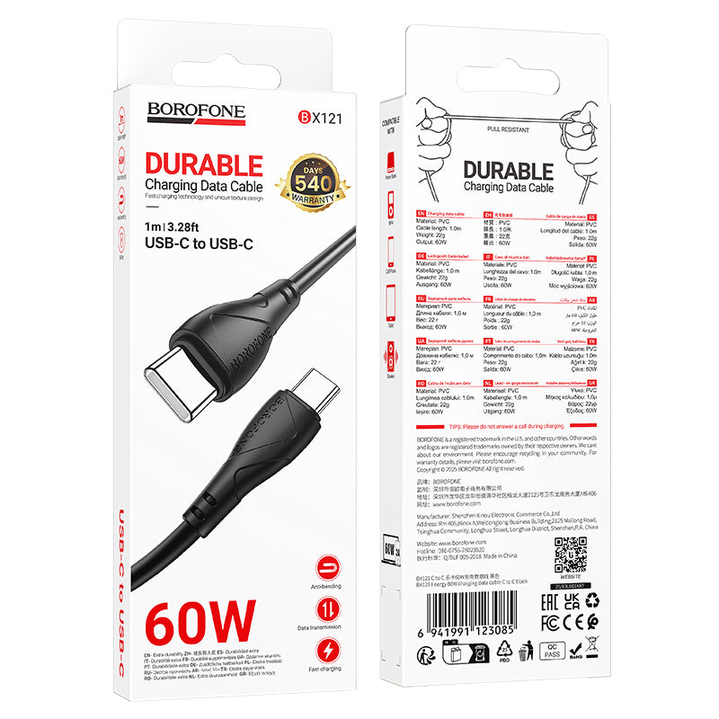 USB-C till USB-C data- och laddningskabel Borofone BX121 Energy, 60W, 1m, Svart