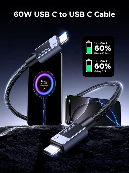 USB-C till USB-C data- och laddningskabel UGREEN L524, 60W, 2m, Grå