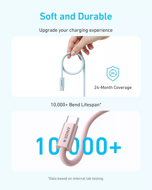 USB-C till USB-C data- och laddningskabel Anker Zolo, 240W, 1.8m, Vit A8060H22