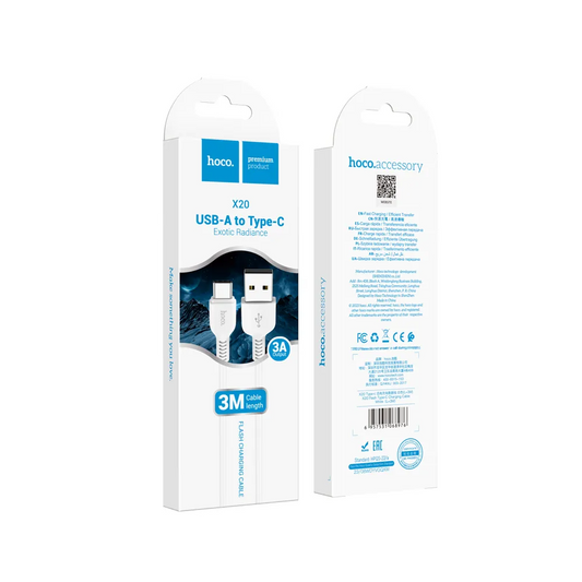 USB-A till USB-C data- och laddningskabel HOCO Flash X20, 18W, 3m, vit