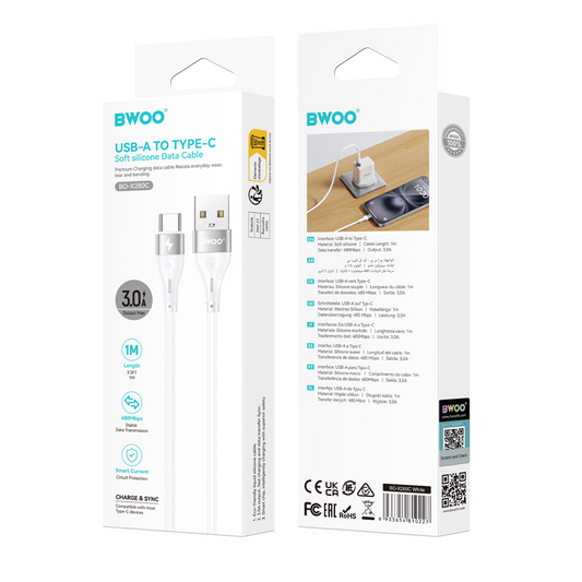 USB-A till USB-C data- och laddningskabel BWOO X280C, 15W, 1m, vit
