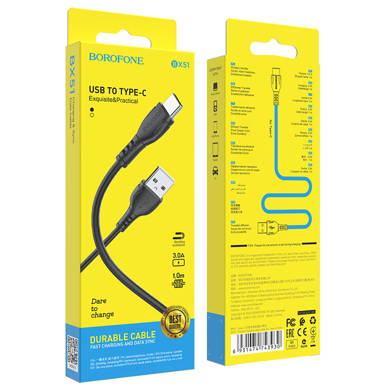 USB-A till USB-C data- och laddningskabel Borofone BX51 Triumph, 20W, 1m, Svart
