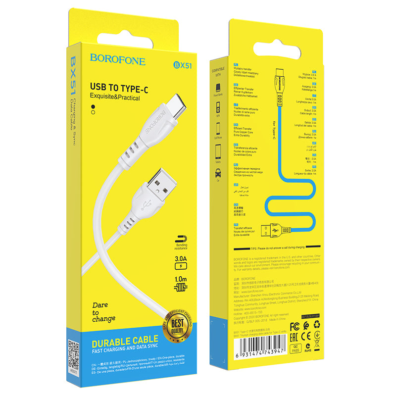 Data- och laddningskabel USB-A till USB-C Borofone BX51 Triumph, 20W, 1m, Vit