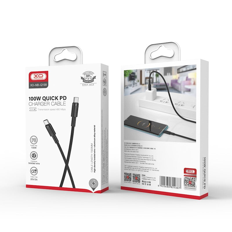 USB-C - USB-C Data- och Laddningskabel XO Design NB-Q199, 100W, 1.5m, Svart