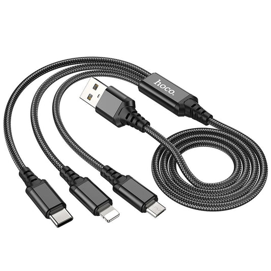 USB-A - Lightning / microUSB / USB-C Laddningskabel HOCO X76 3in1, 18W, 1m, Svart