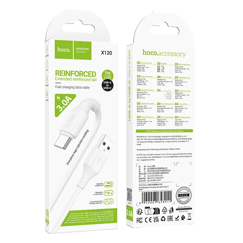 Data- och laddningskabel USB-A till USB-C HOCO X120, 60W, 1m, Vit
