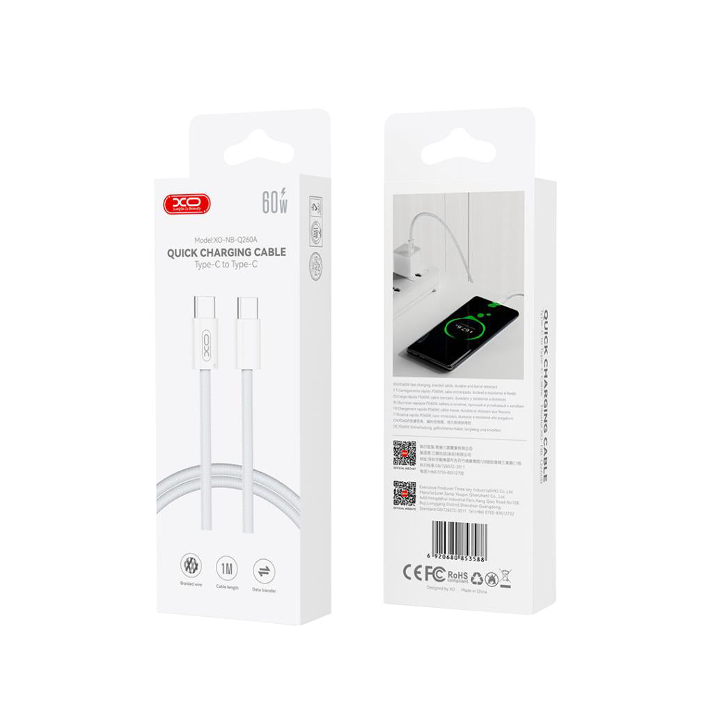 USB-C - USB-C Data- och Laddningskabel XO Design NB-Q260B, 60W, 1.5m, Vit
