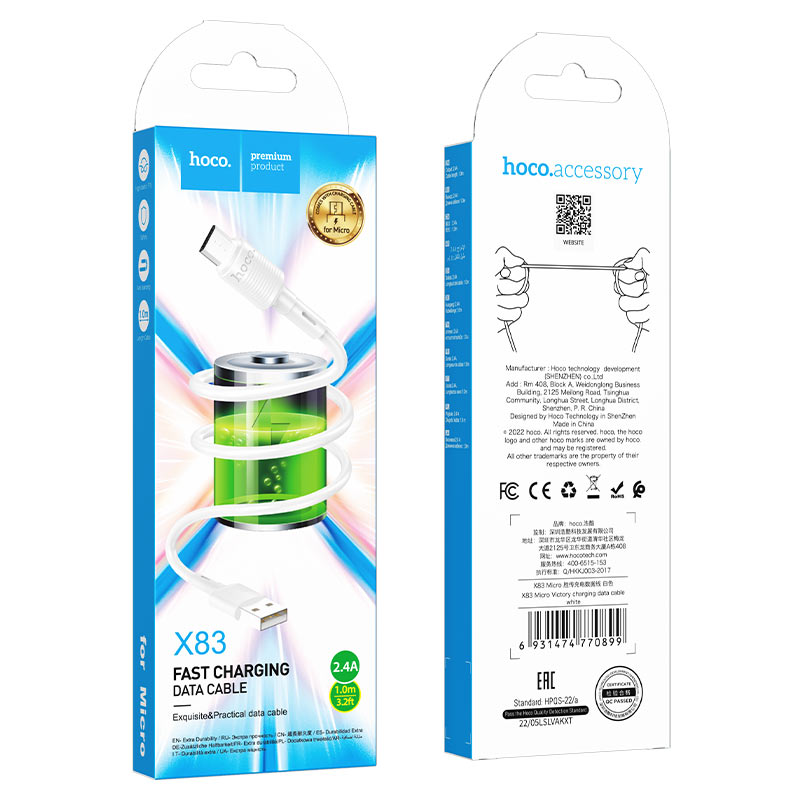 Data- och laddningskabel USB-A till microUSB HOCO X83 Victory, 18W, 1m, Vit