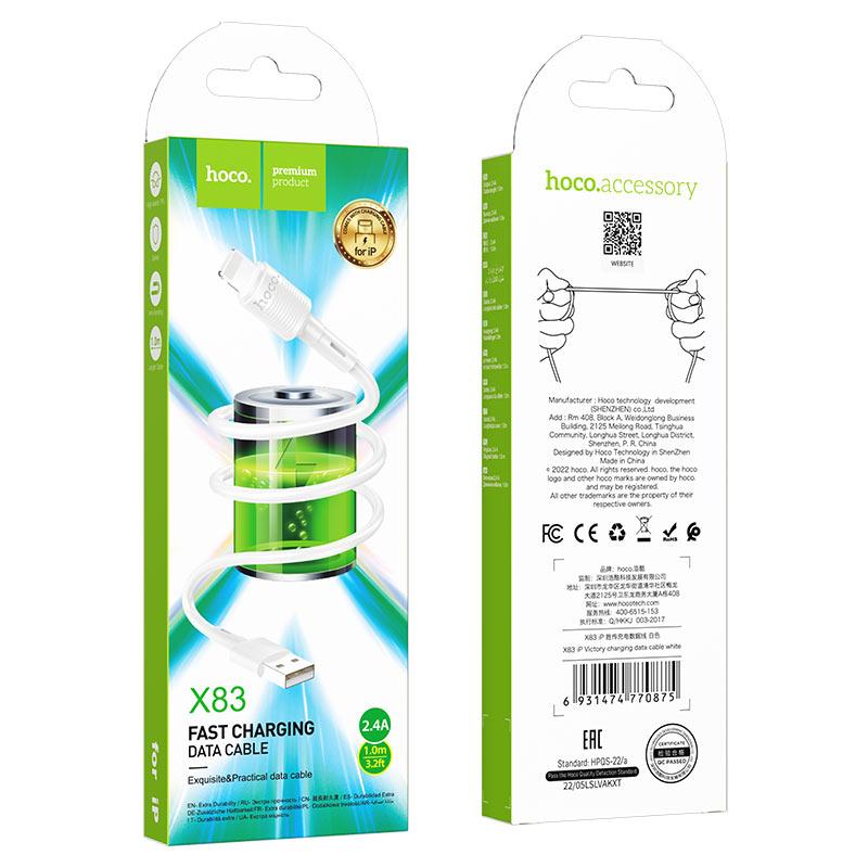 Data- och laddningskabel USB-A - Lightning HOCO X83 Victory, 18W, 1m, Vit