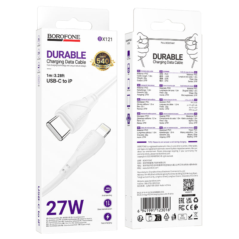 USB-C till Lightning-laddnings- och datakabel Borofone BX121 Energy, 27W, 1m, Vit