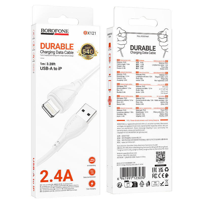 USB-A till Lightning Laddnings- och Datakabel Borofone BX121 Energy, 18W, 1m, Vit