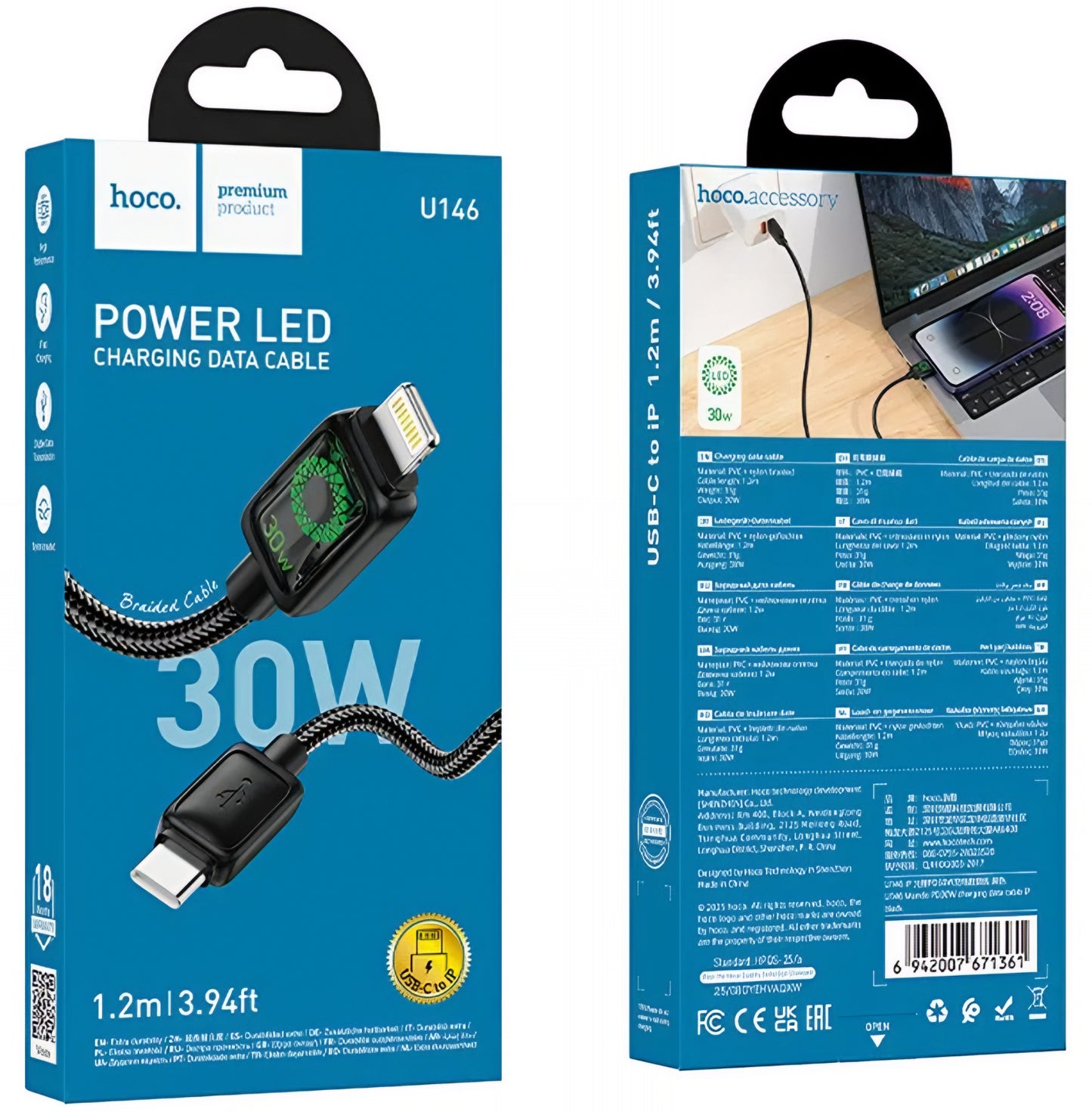 USB-C till Lightning Data- och Laddningskabel HOCO U146, 30W, 1.2m, Svart